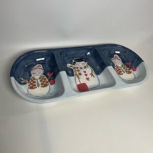 Winter Christmas Snowman Ceramic Candy Food Dish Vintage 13”